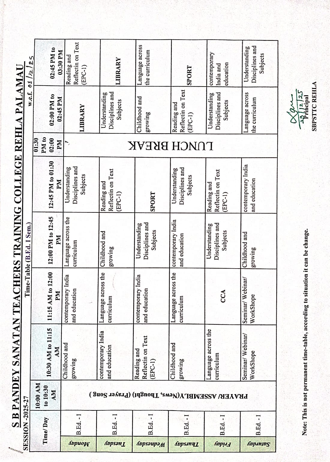 B.Ed 1st Year Timetable