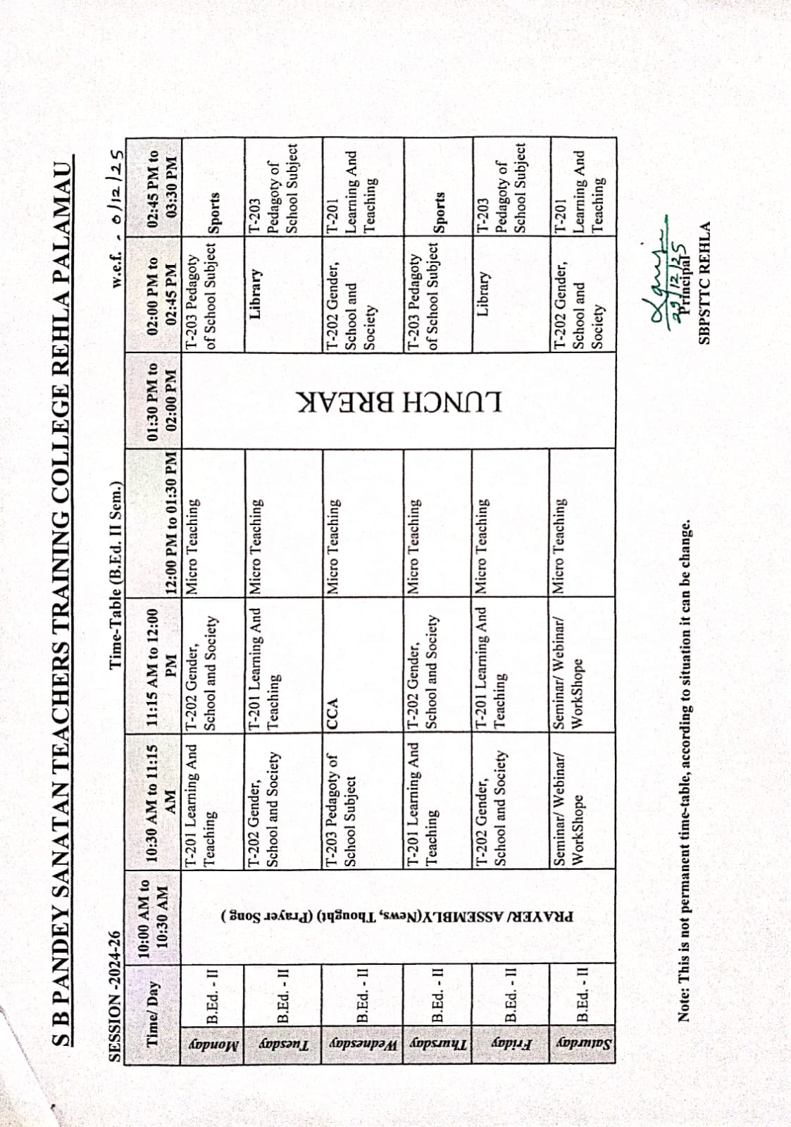 B.Ed 2nd Year Timetable